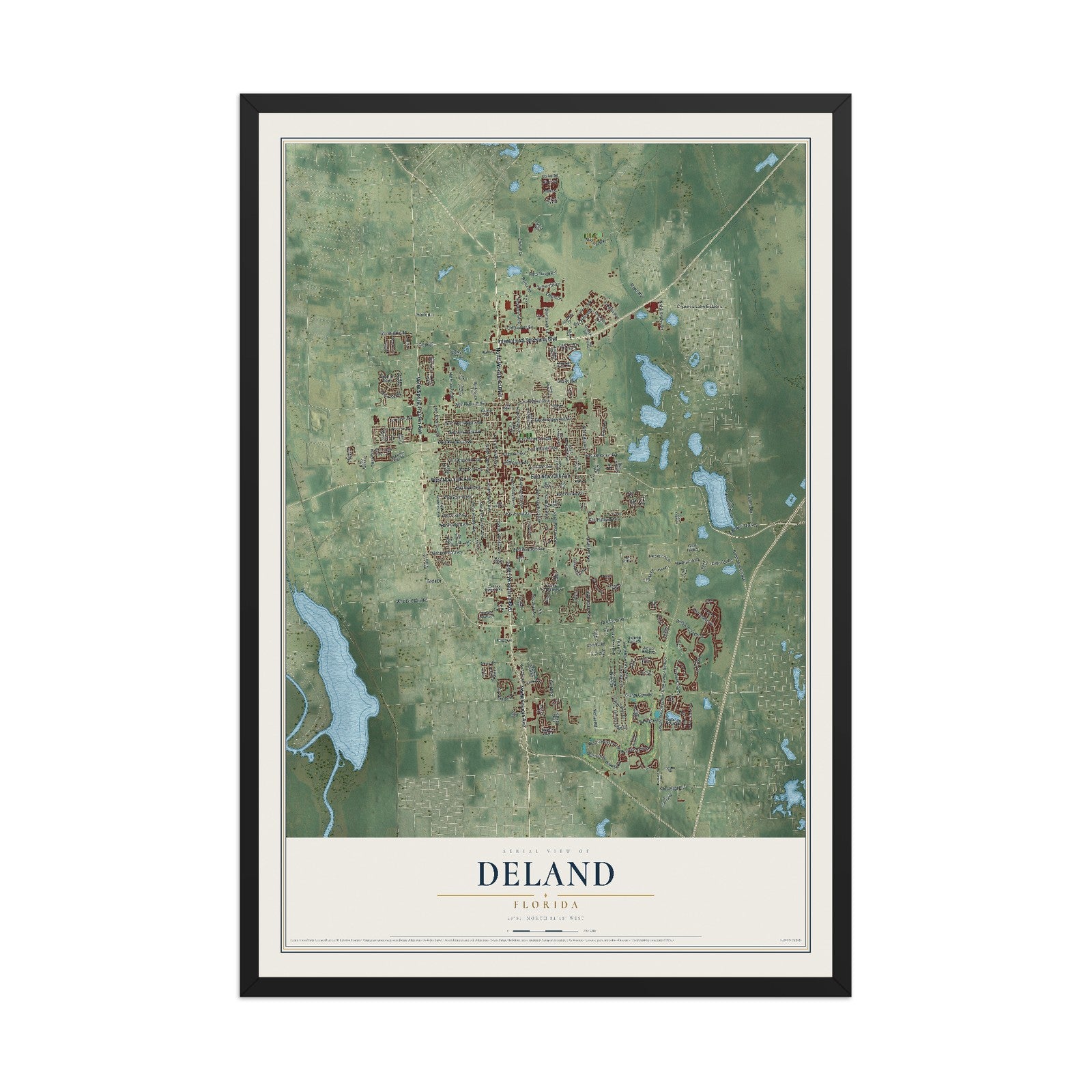 DeLand, Florida map print, 12" x 18" W/ Black Ayous Wood Frame mockup
