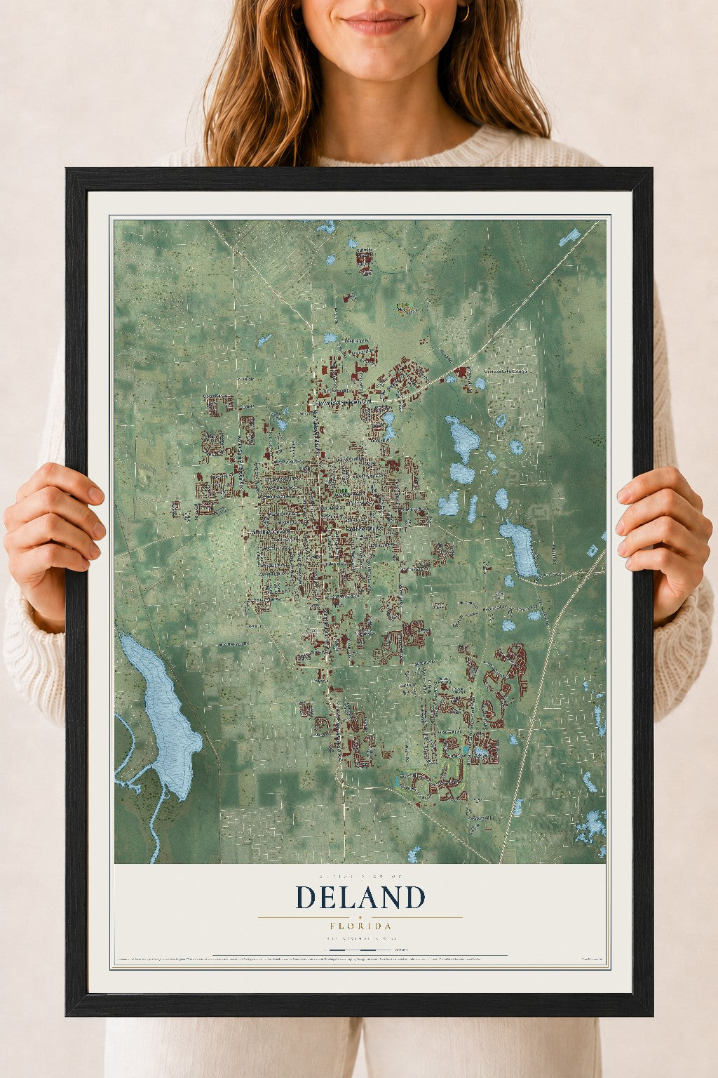DeLand, Florida map print, 18" x 24" W/ Black Ayous Wood Frame mockup