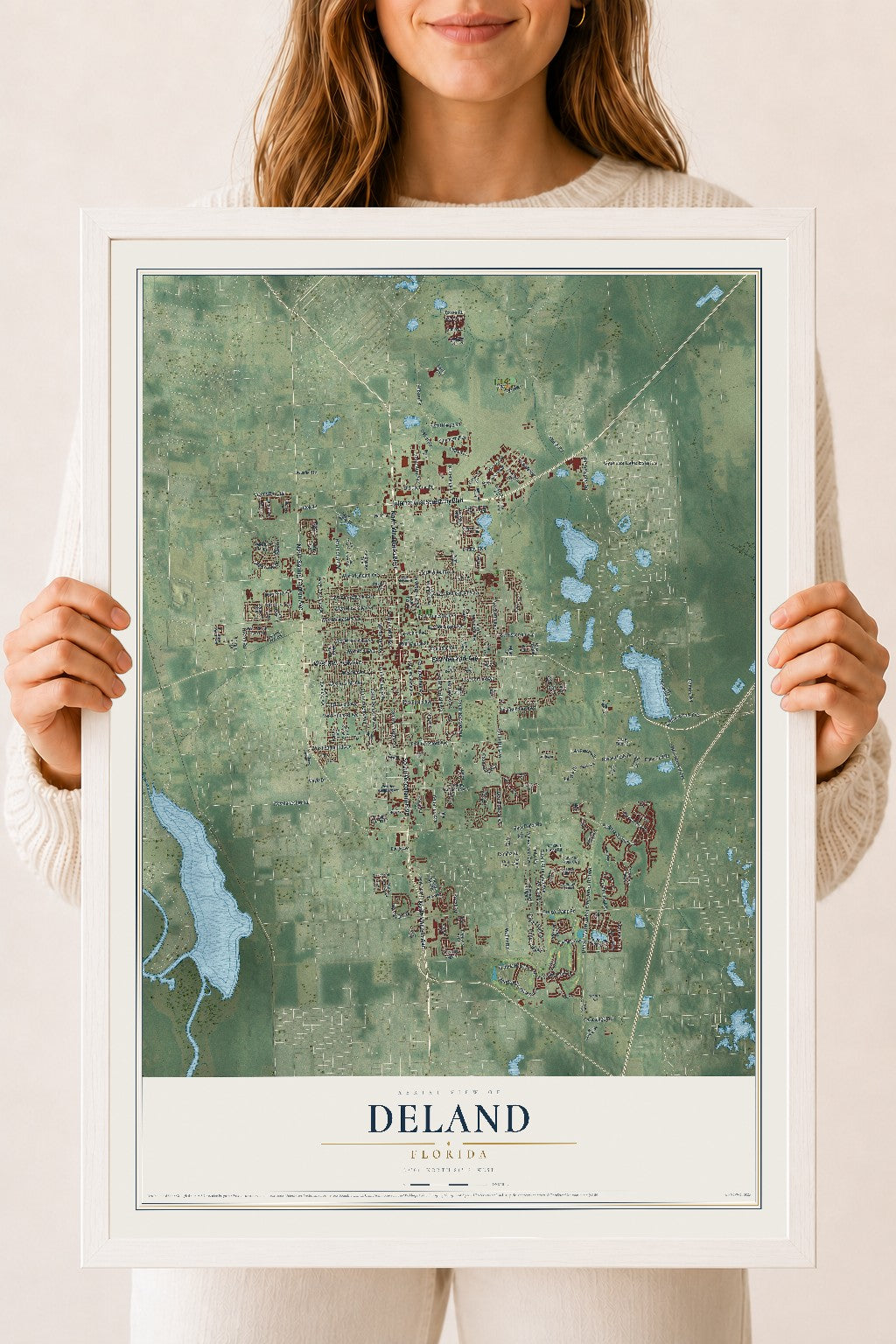 DeLand, Florida map print, 18" x 24" W/ White Ayous Wood Frame mockup