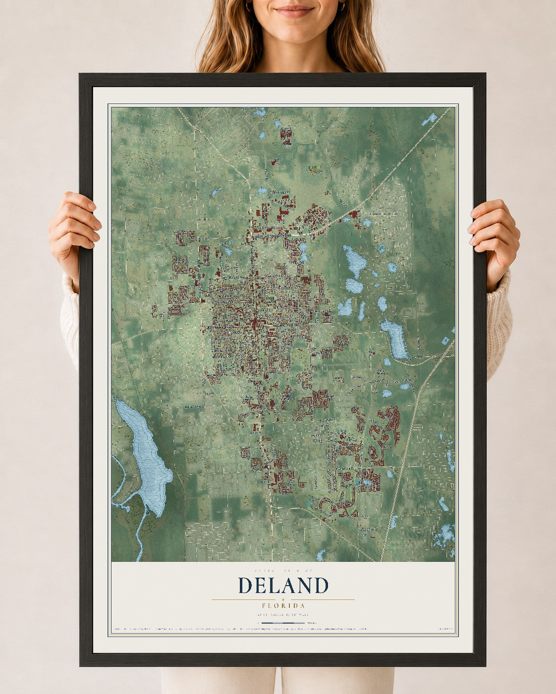 DeLand, Florida map print, 24" x 36" W/ Black Ayous Wood Frame mockup