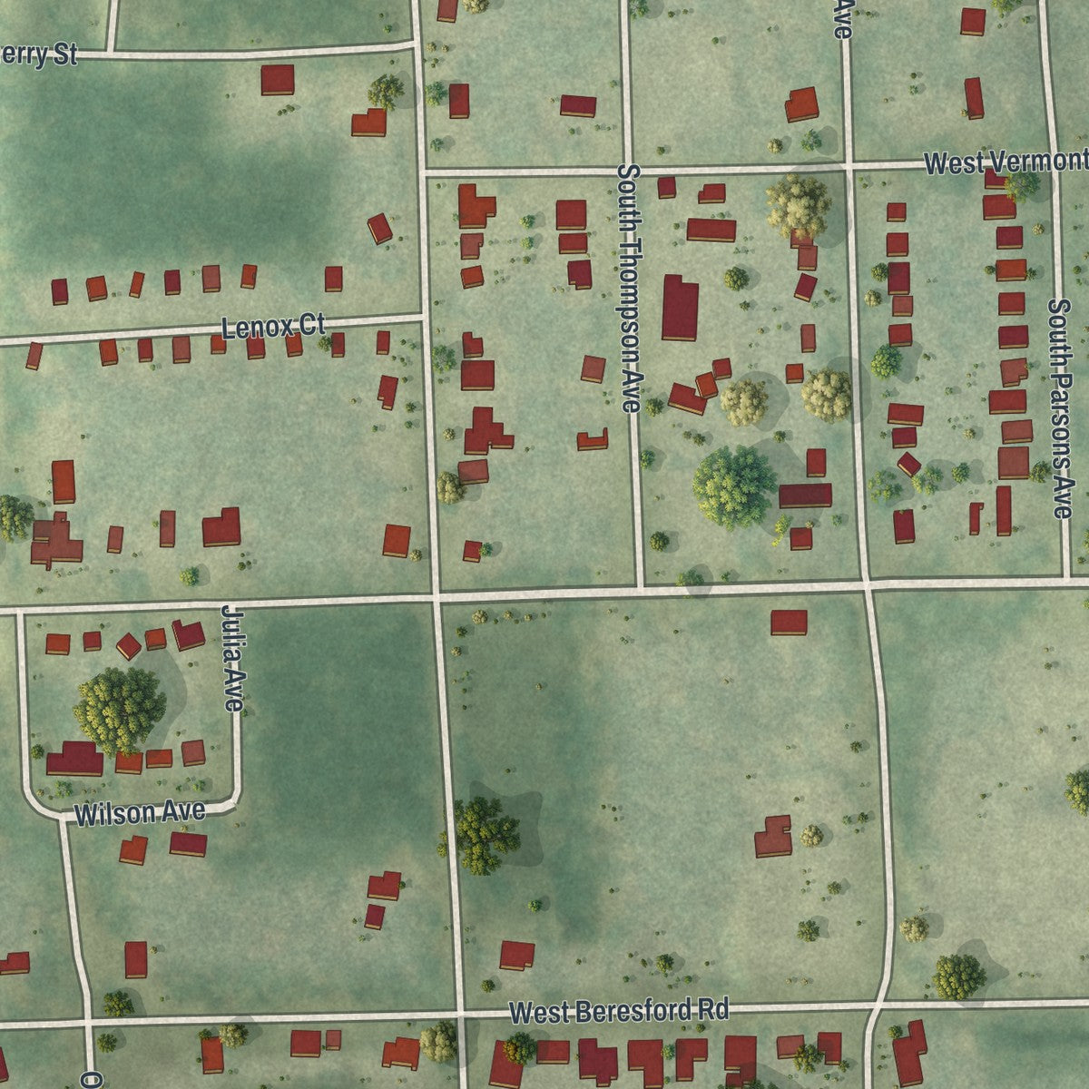 Close-up of the map of DeLand Southwest, Florida print showing street and building detail