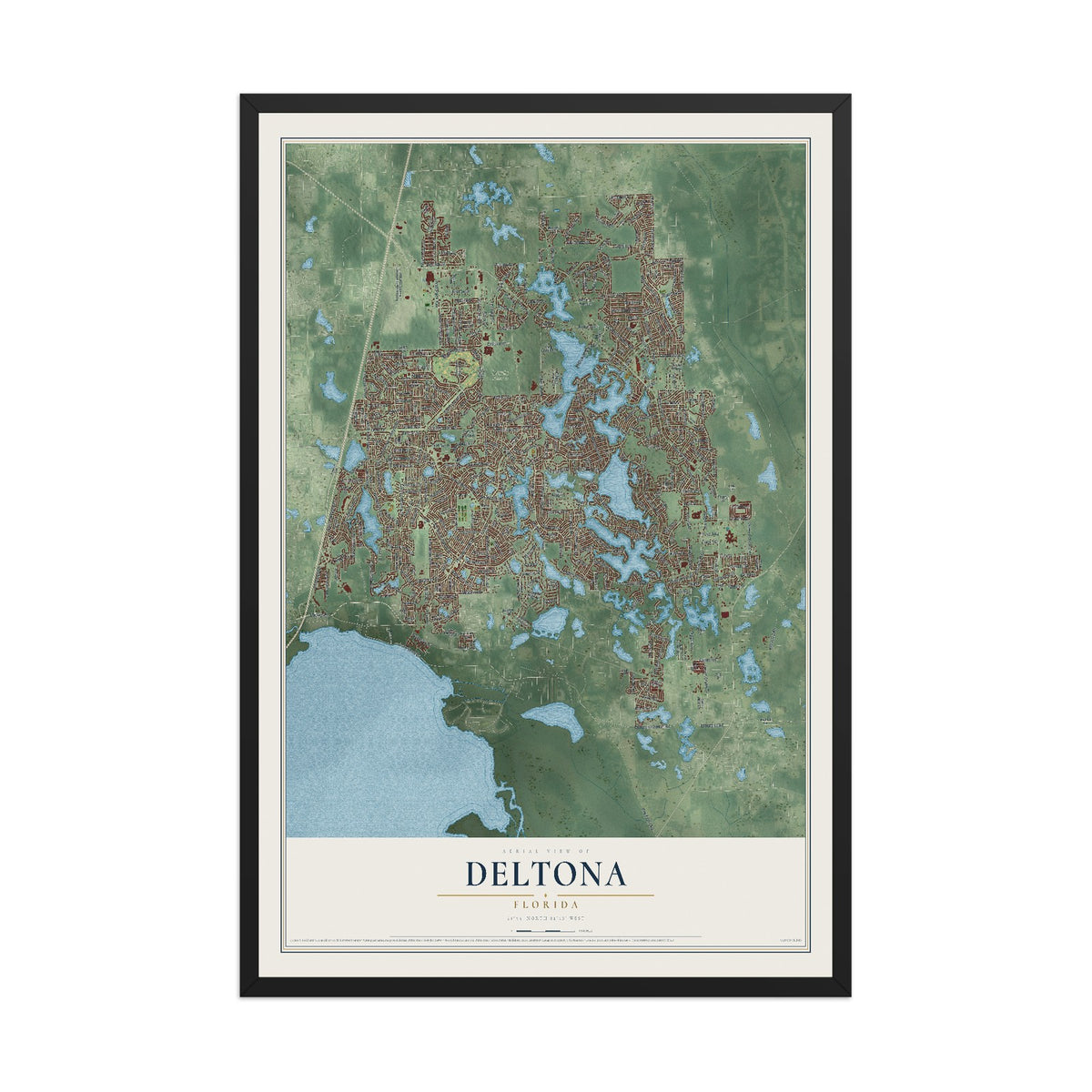 Deltona, Florida map print, 12" x 18" W/ Black Ayous Wood Frame mockup