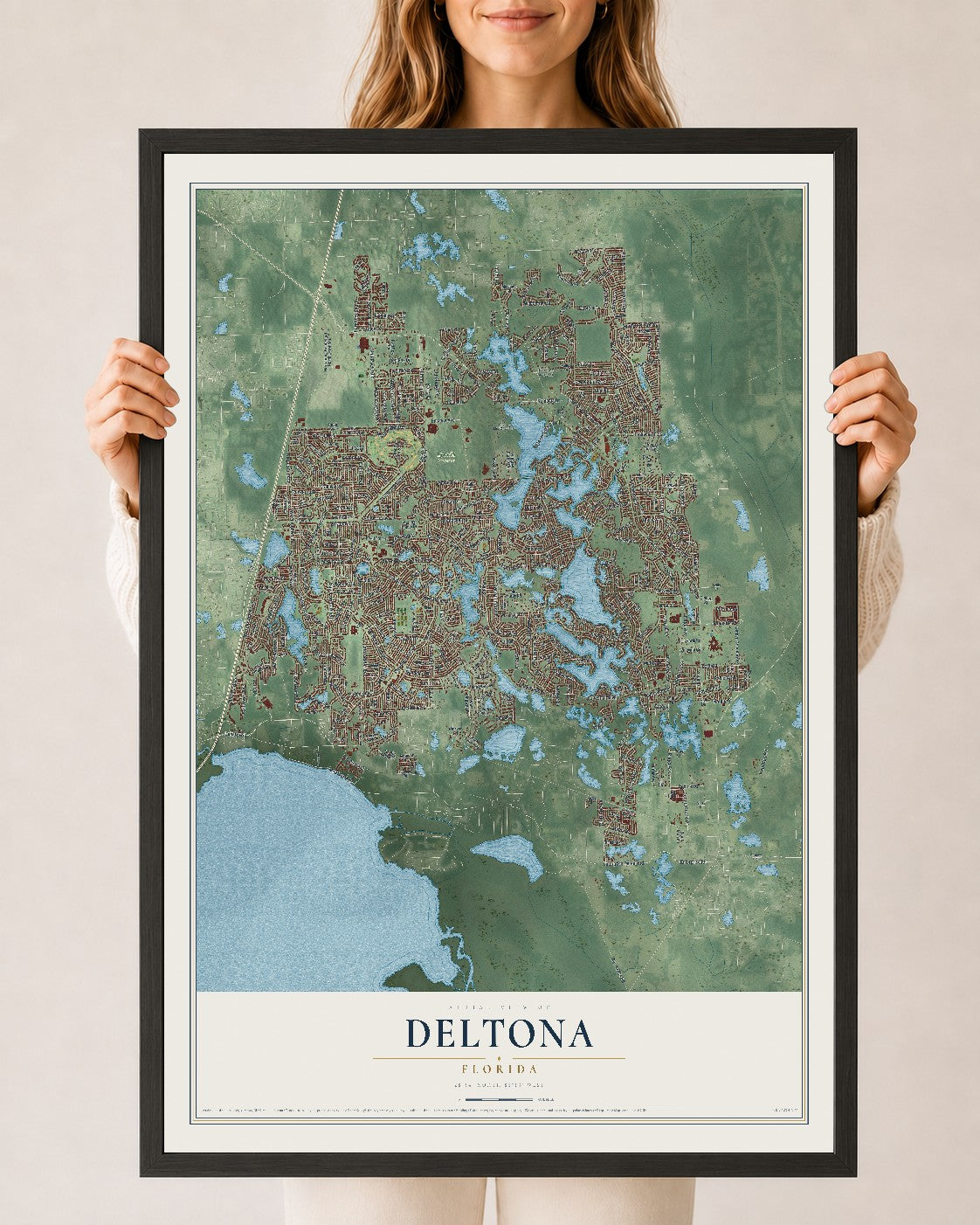 Deltona, Florida map print, 24" x 36" W/ Black Ayous Wood Frame mockup