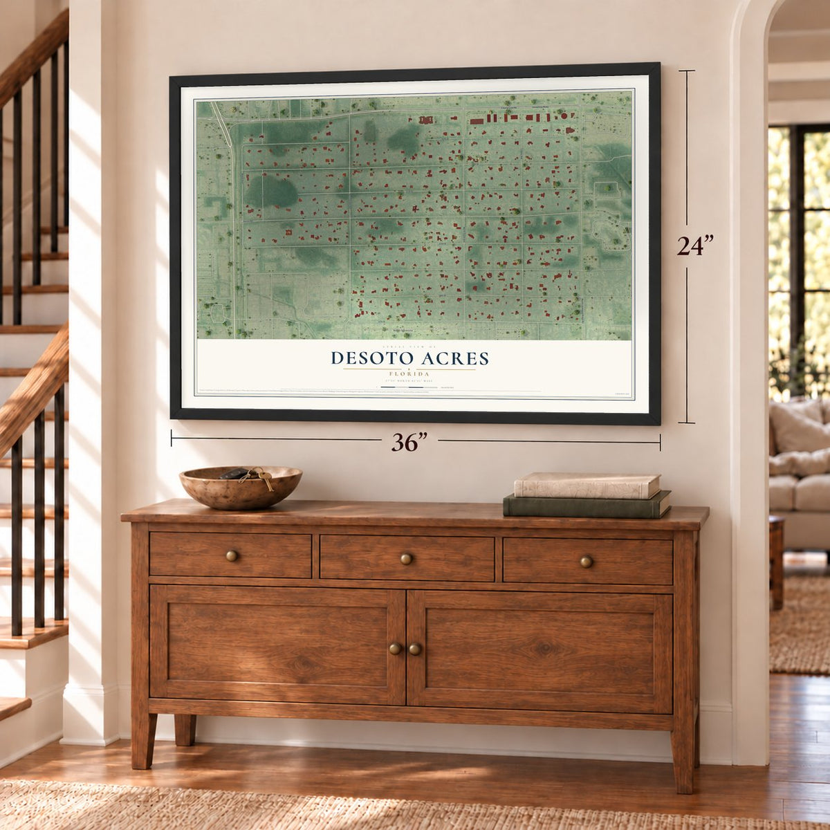 Desoto Acres, Florida map, 24 x 36 inch print in a black frame above a dresser by a staircase