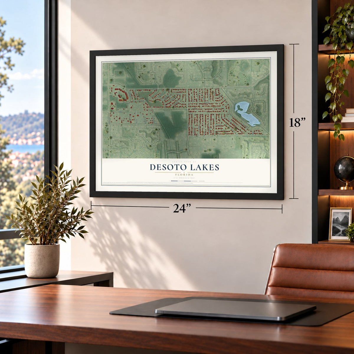 Desoto Lakes, Florida map, 18 x 24 inch print in a black frame in a home office