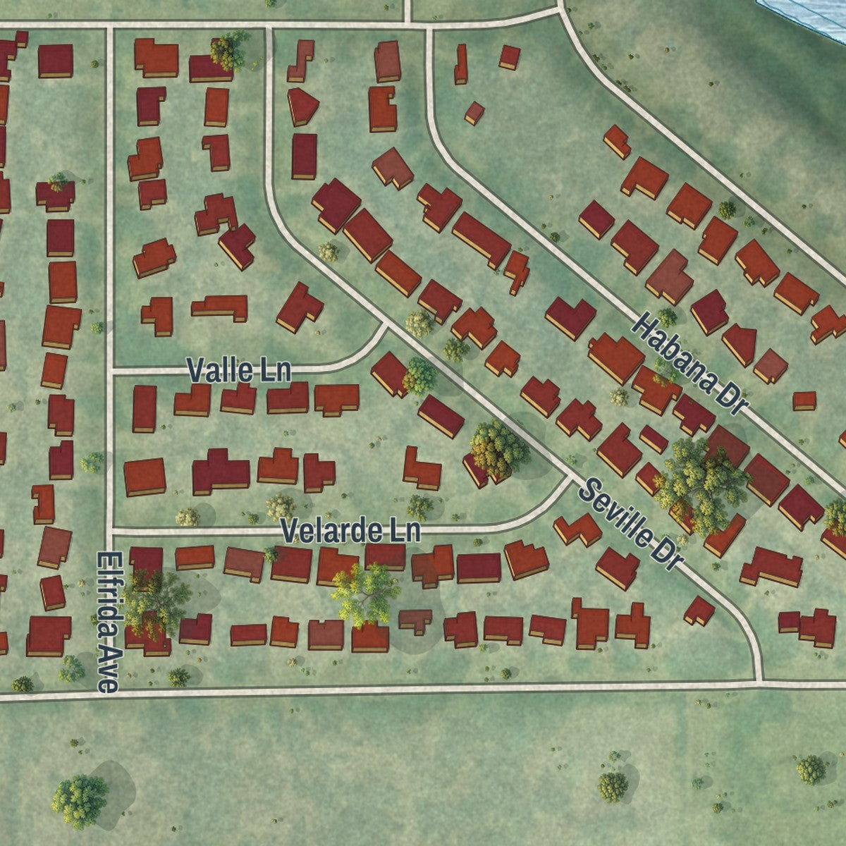 Close-up of the map of Desoto Lakes, Florida print showing street and building detail