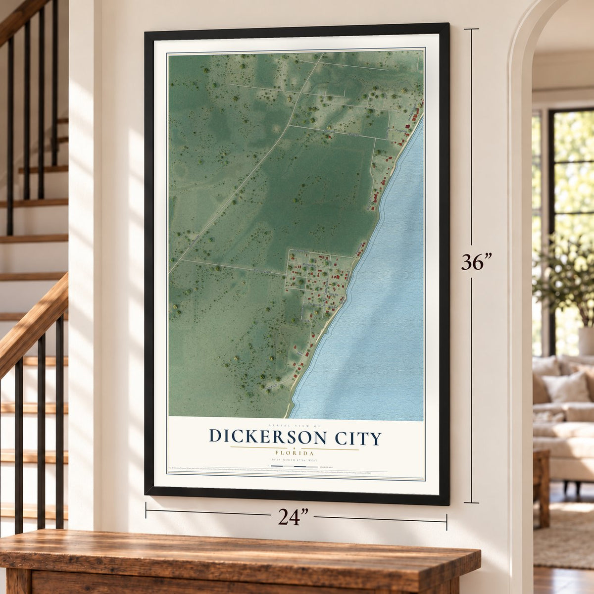 Dickerson City, Florida map, 24 x 36 inch print in a black frame by a staircase