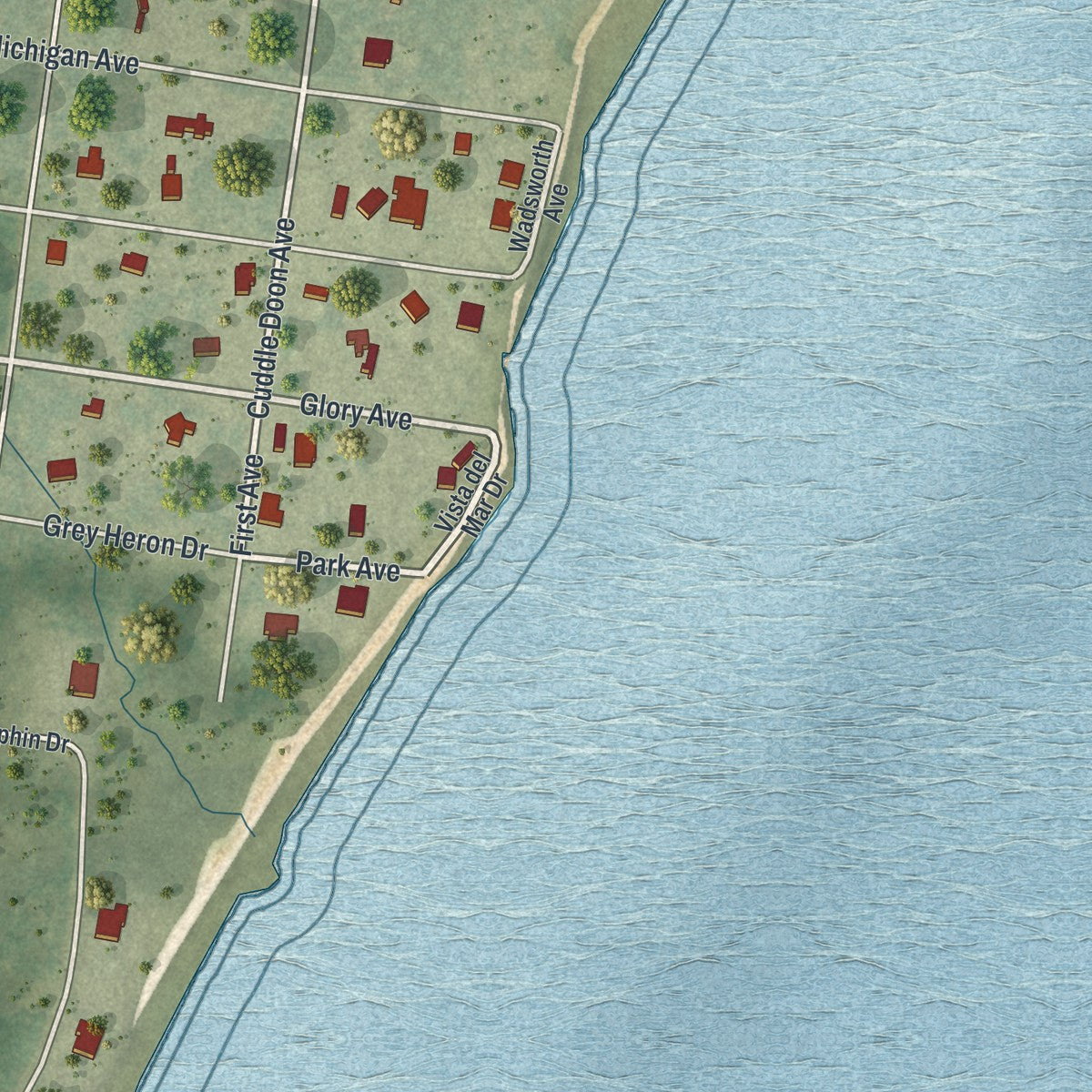 Close-up of the map of Dickerson City, Florida print showing street and building detail