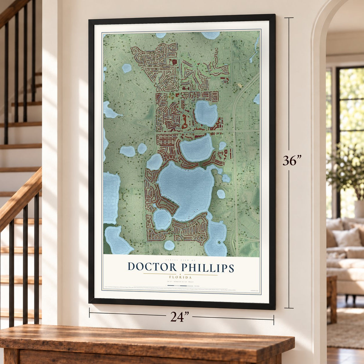 Doctor Phillips, Florida map, 24 x 36 inch print in a black frame by a staircase