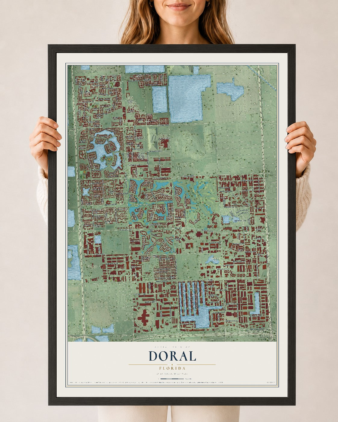 Doral, Florida map print, 24" x 36" W/ Black Ayous Wood Frame mockup