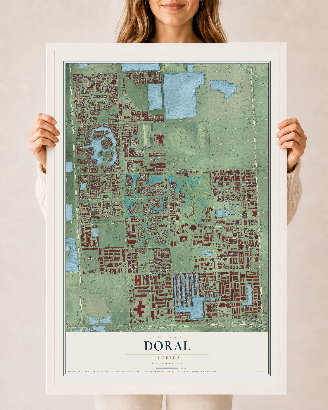 Doral, Florida map print, 24" x 36" W/ White Ayous Wood Frame mockup