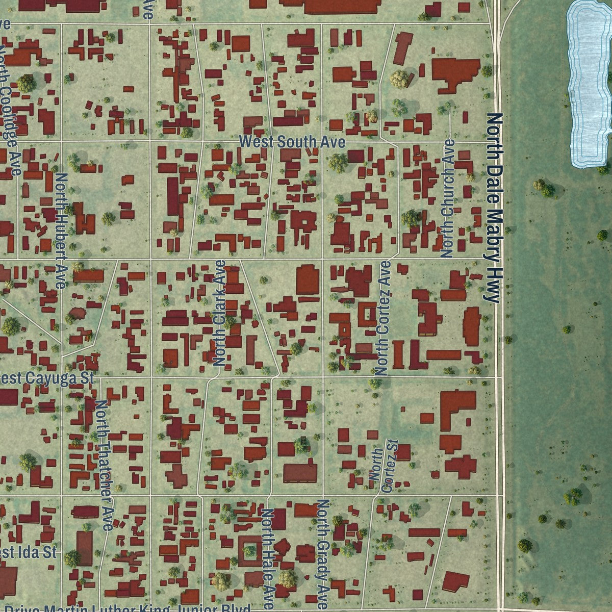 Close-up of the map of Drew Park, Florida print showing street and building detail