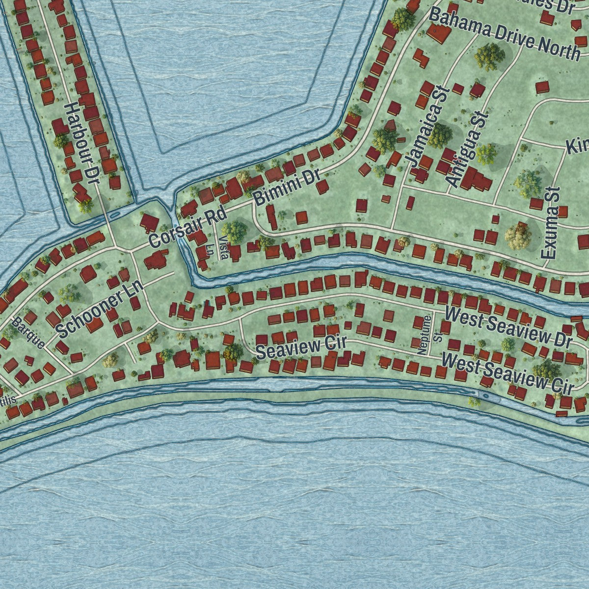 Close-up of the map of Duck Key, Florida print showing street and building detail