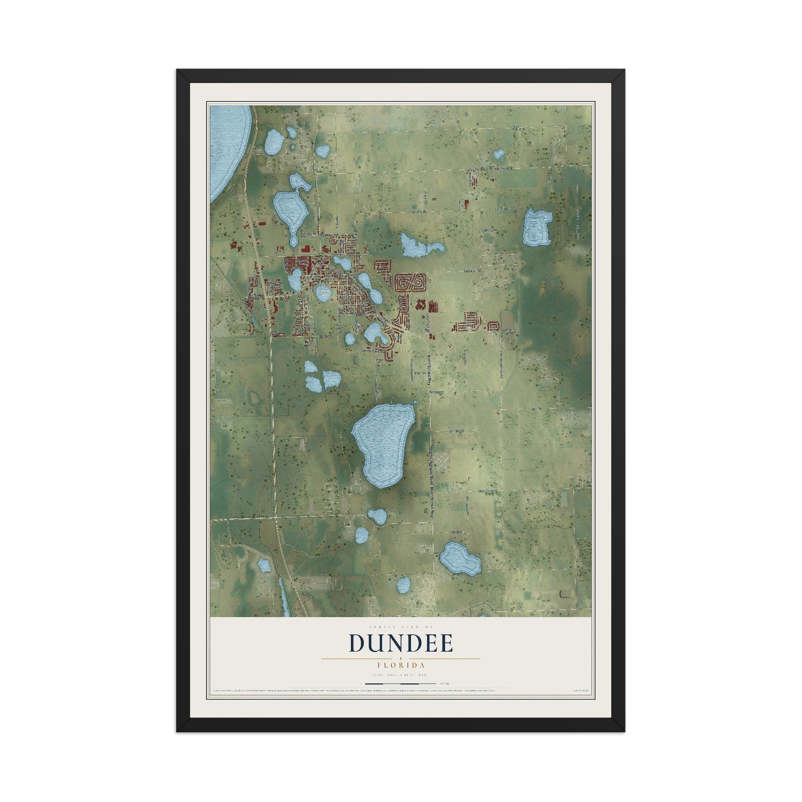 Dundee, Florida map print, 12" x 18" W/ Black Ayous Wood Frame mockup