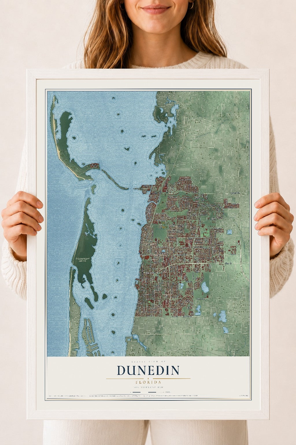 Dunedin, Florida map print, 18" x 24" W/ White Ayous Wood Frame mockup