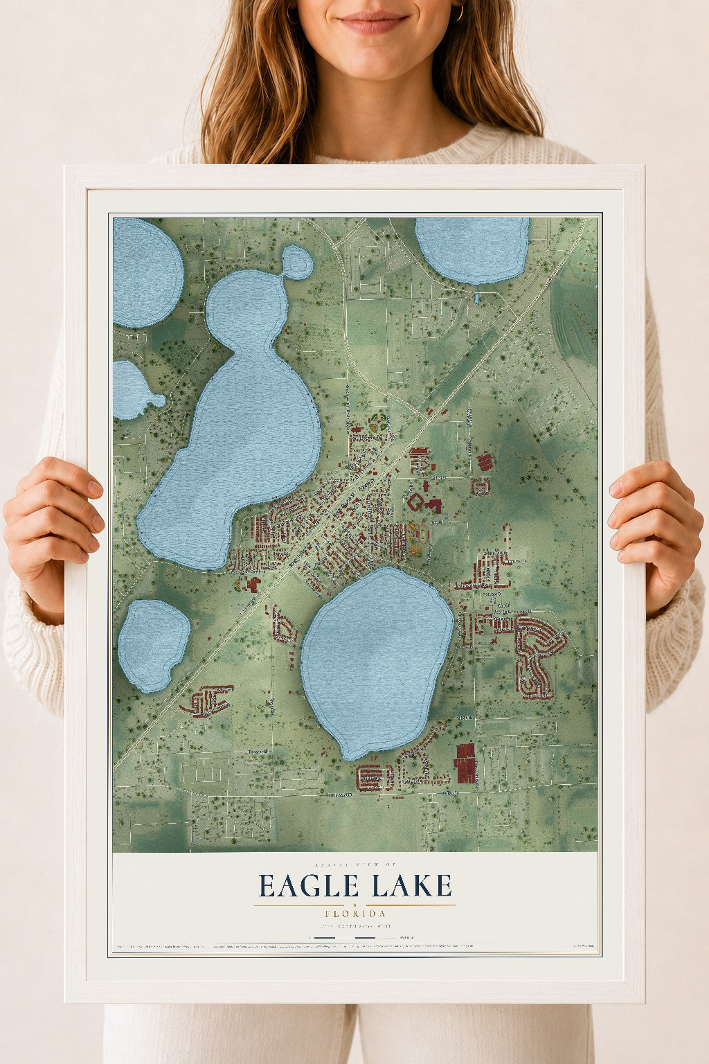 Eagle Lake, Florida map print, 18" x 24" W/ White Ayous Wood Frame mockup