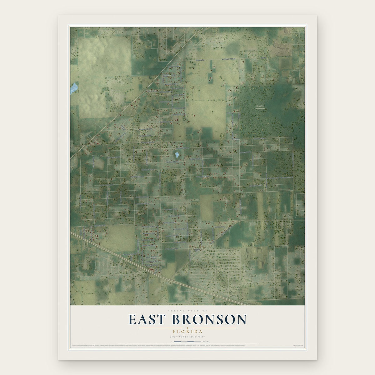 East Bronson, Florida map print, the full design