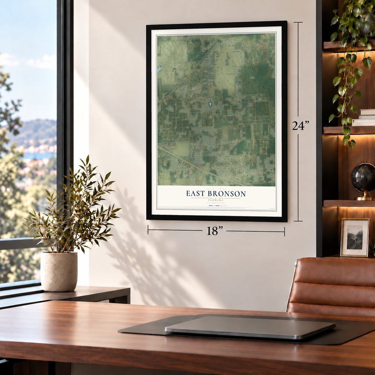 East Bronson, Florida map, 18 x 24 inch print in a black frame in a home office