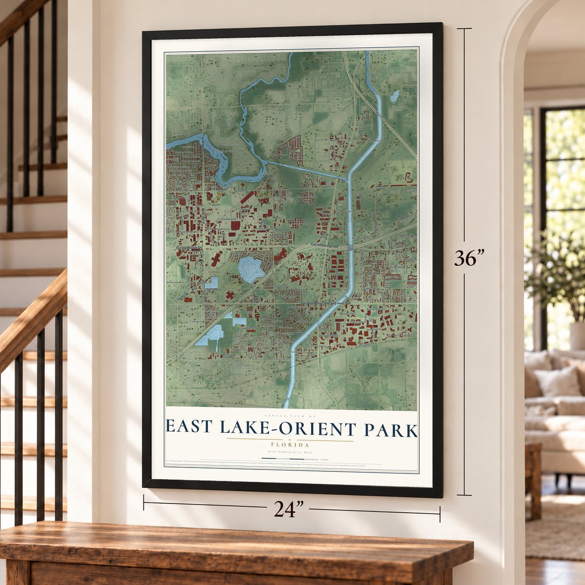 East Lake-Orient Park, Florida map, 24 x 36 inch print in a black frame by a staircase