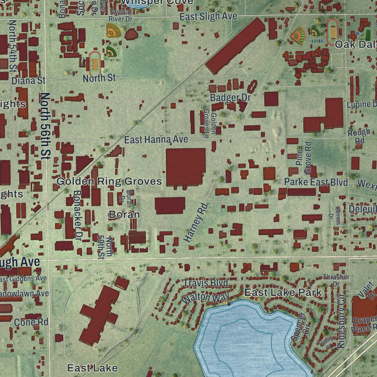 Close-up of the map of East Lake-Orient Park, Florida print showing street and building detail