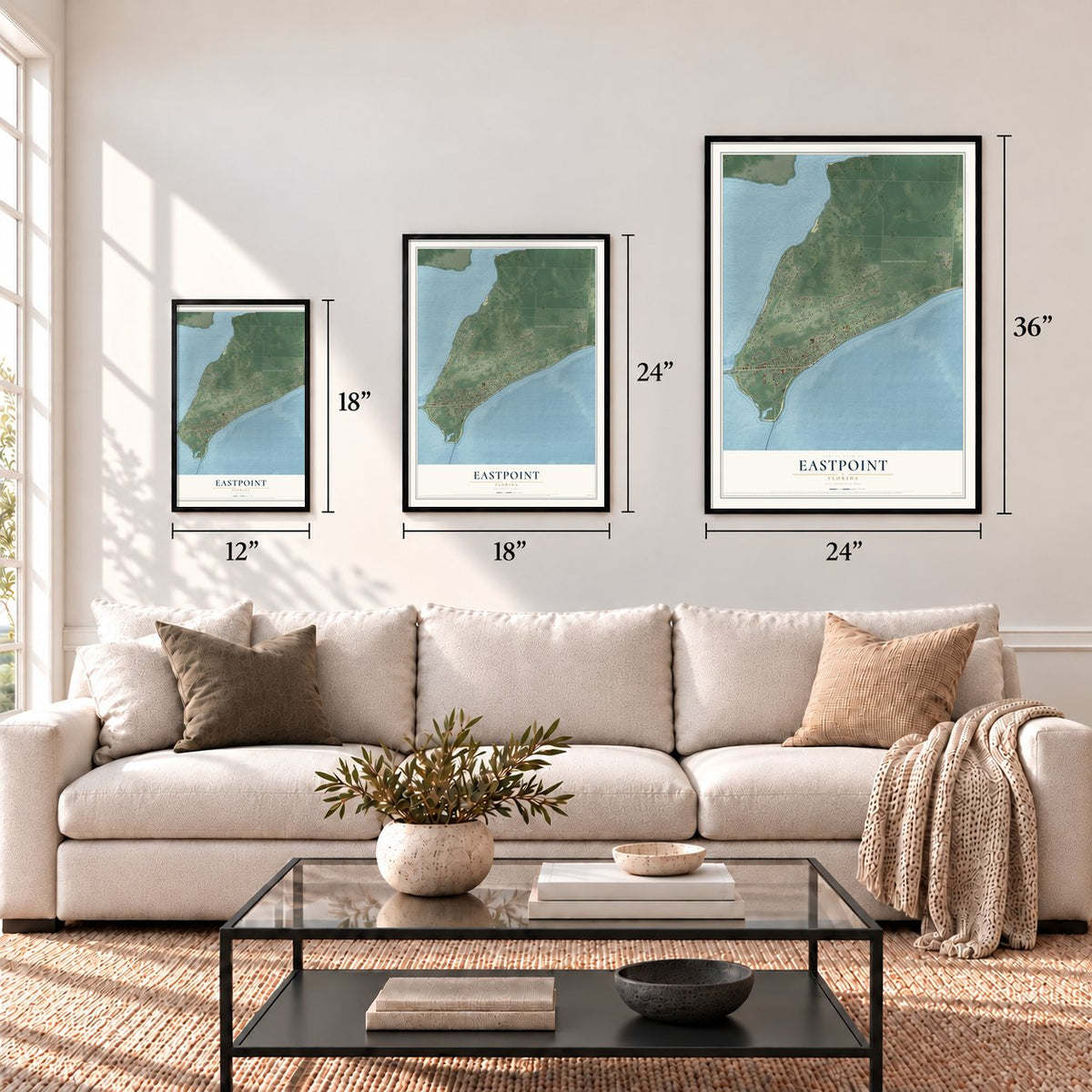Eastpoint, Florida map in 12 x 18, 18 x 24 and 24 x 36 inch sizes above a sofa