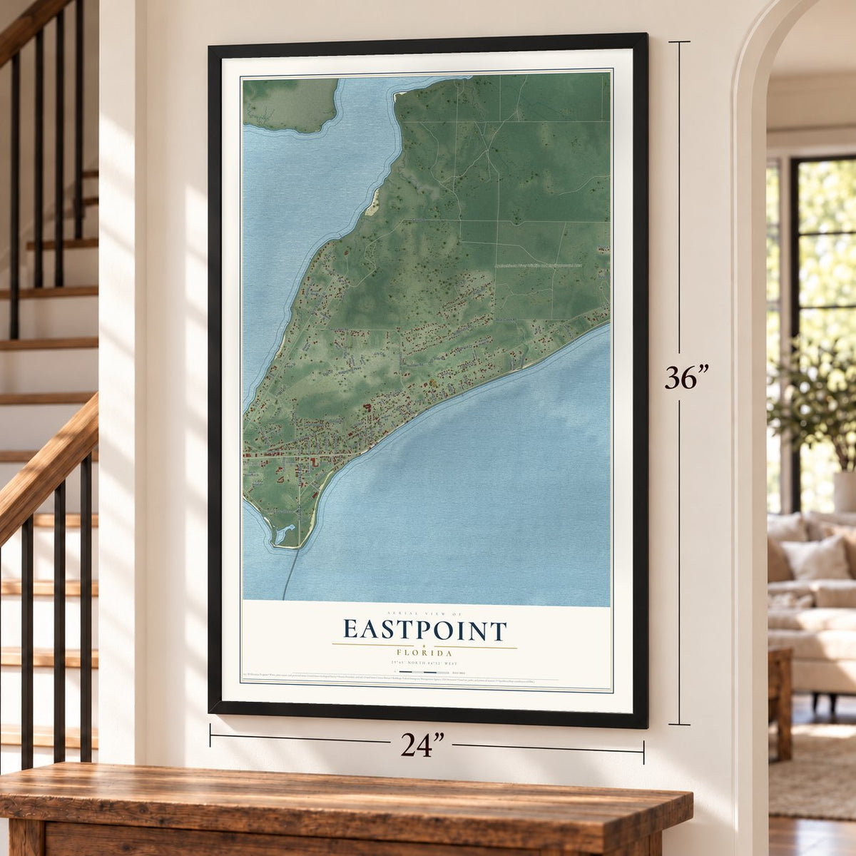 Eastpoint, Florida map, 24 x 36 inch print in a black frame by a staircase