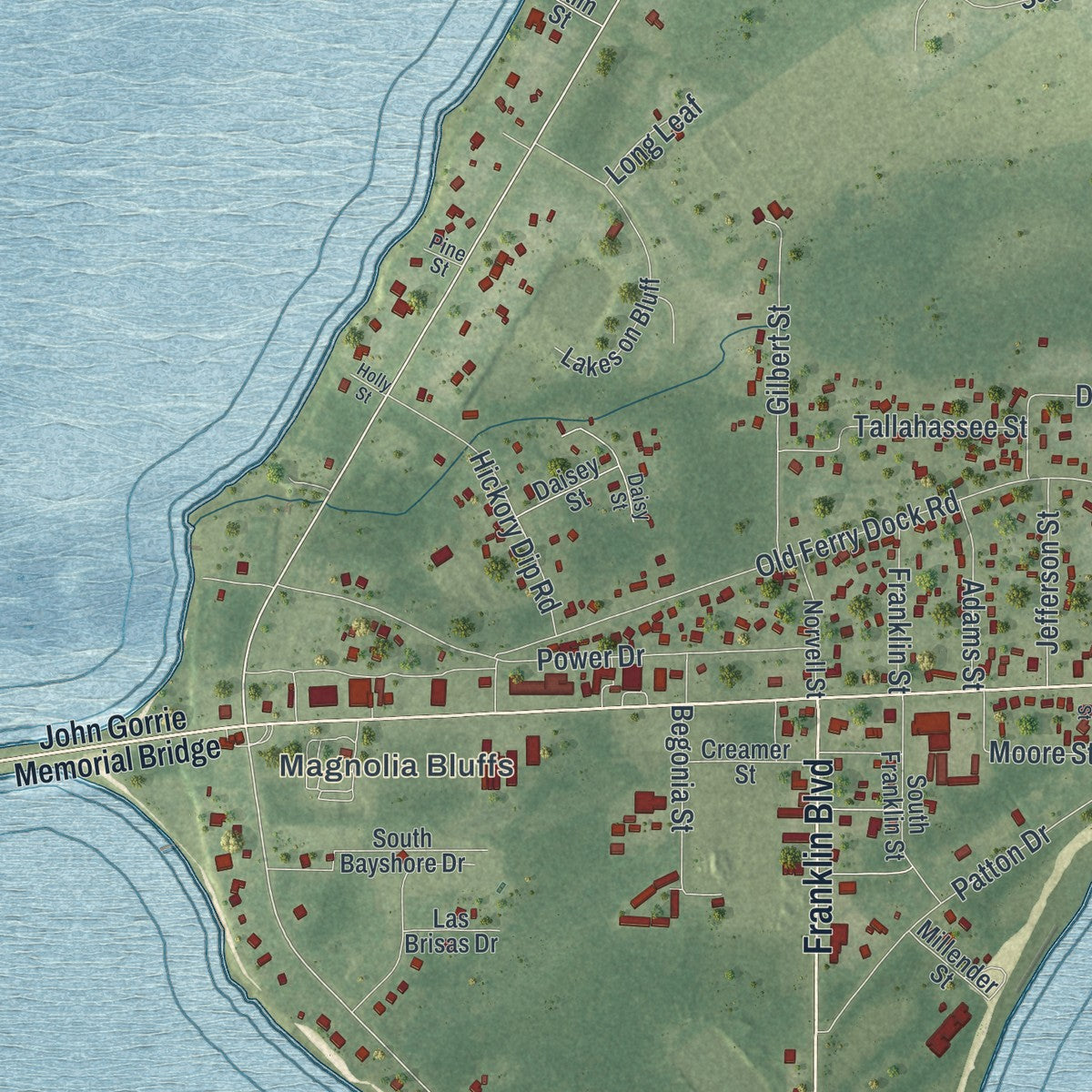 Close-up of the map of Eastpoint, Florida print showing street and building detail