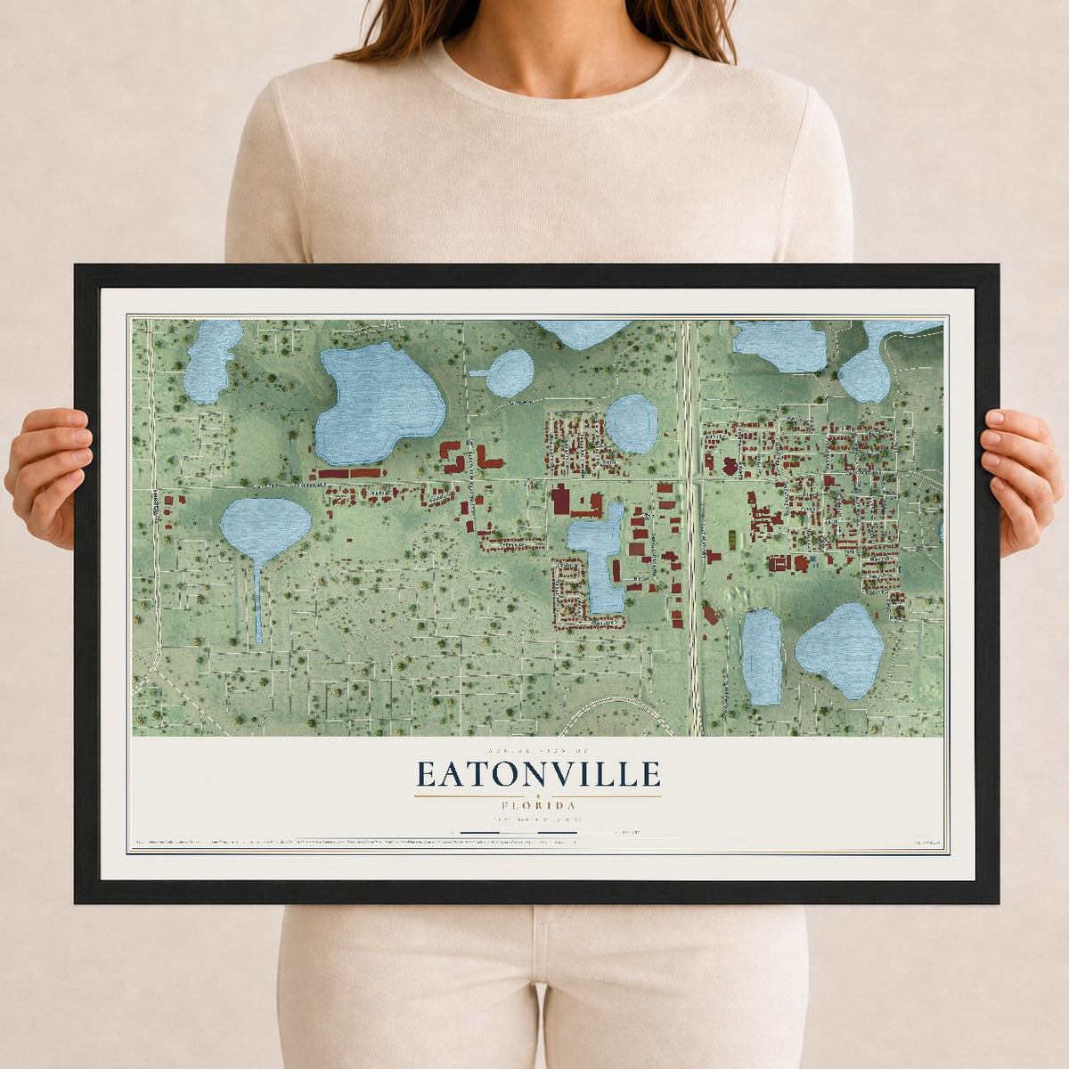 Eatonville, Florida map print, 12" x 18" W/ Black Ayous Wood Frame mockup