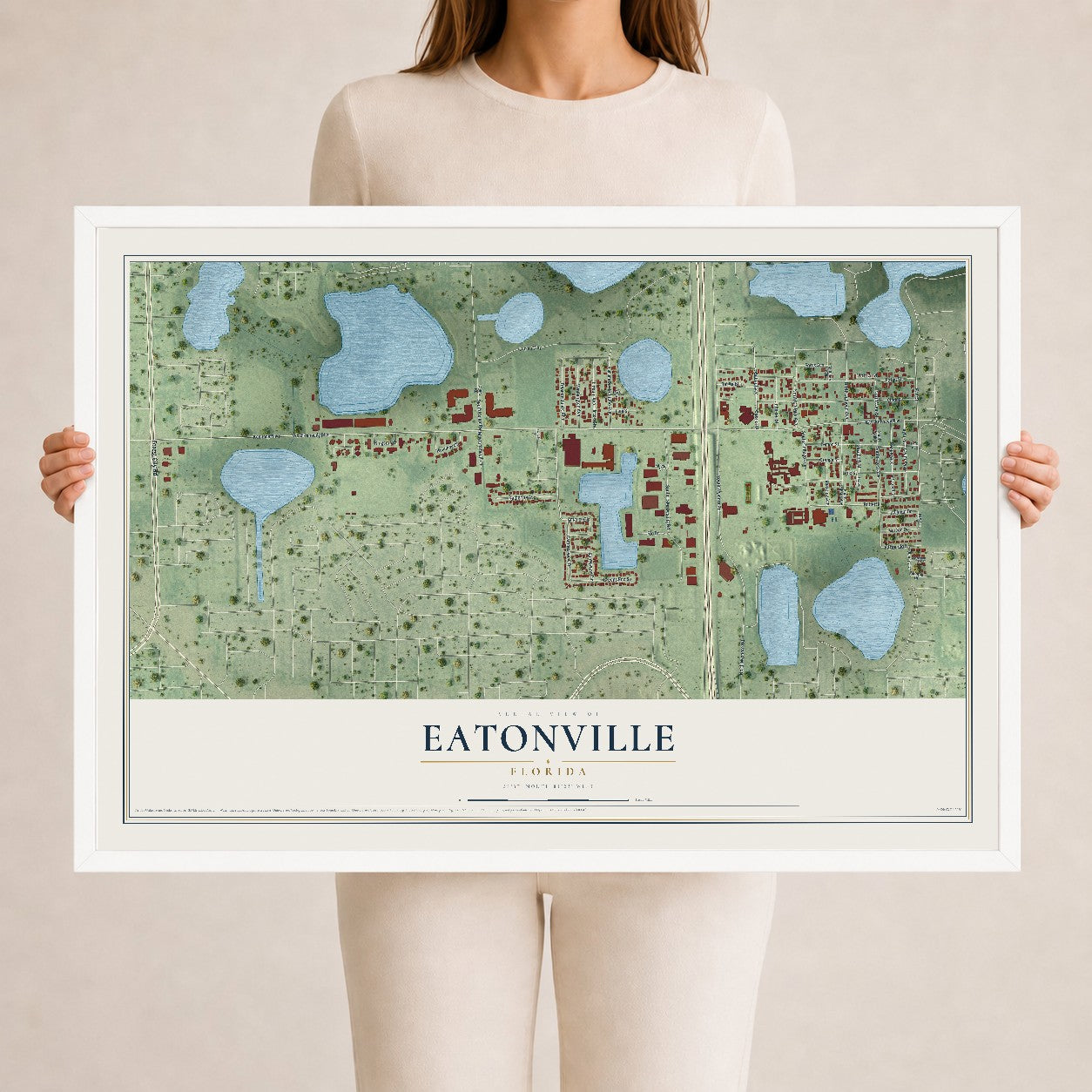 Eatonville, Florida map print, 24" x 36" W/ White Ayous Wood Frame mockup