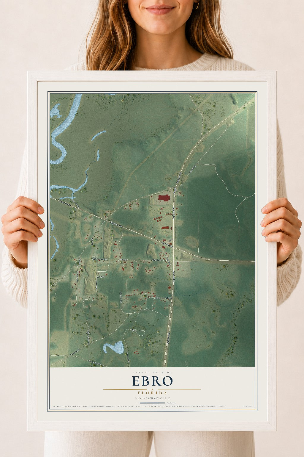 Ebro, Florida map print, 18" x 24" W/ White Ayous Wood Frame mockup