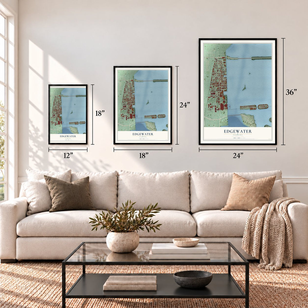 Edgewater, Miami, Florida map in 12 x 18, 18 x 24 and 24 x 36 inch sizes above a sofa