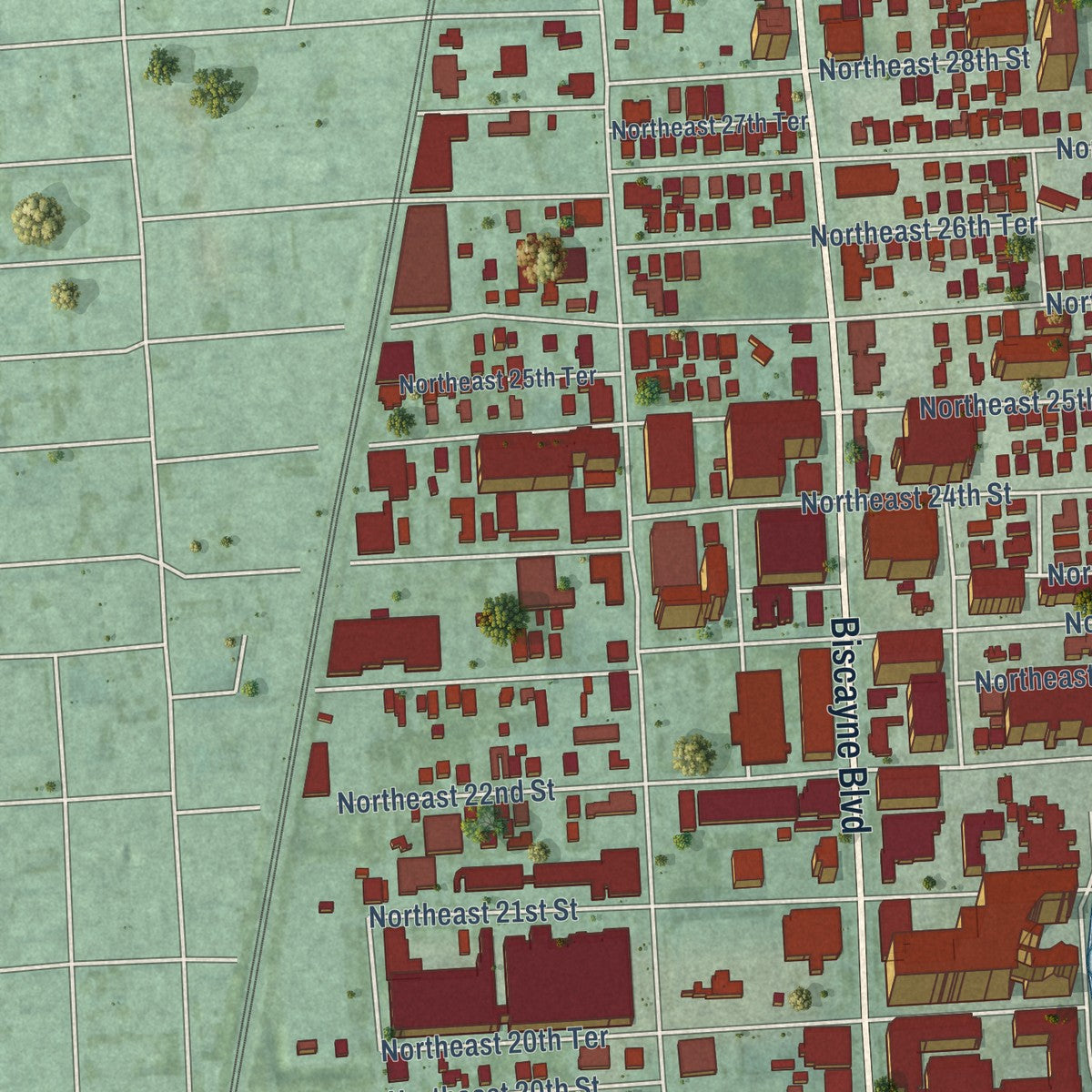 Close-up of the map of Edgewater, Miami, Florida print showing street and building detail