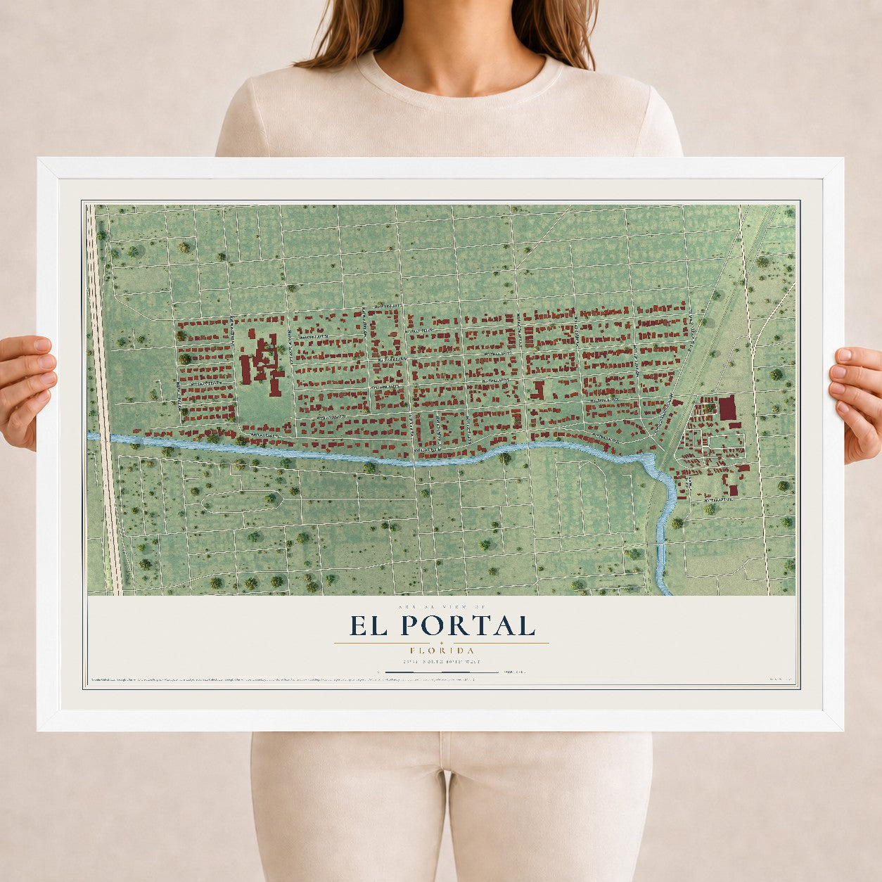 El Portal, Florida map print, 18" x 24" W/ White Ayous Wood Frame mockup