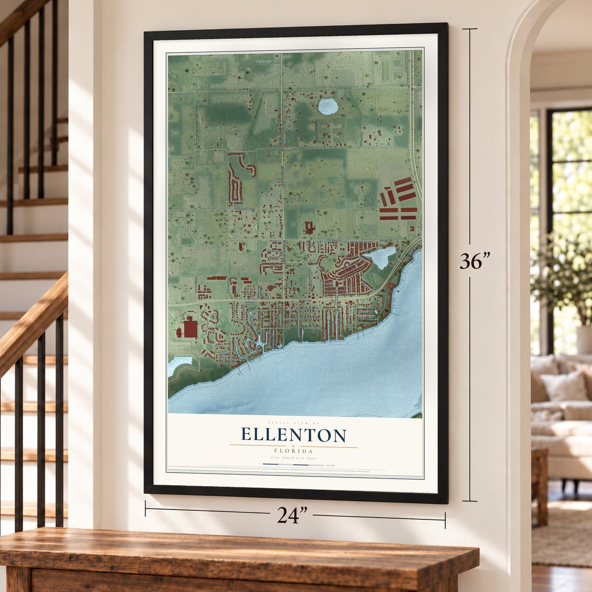 Ellenton, Florida map, 24 x 36 inch print in a black frame by a staircase