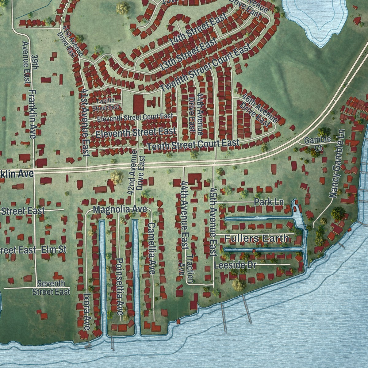 Close-up of the map of Ellenton, Florida print showing street and building detail