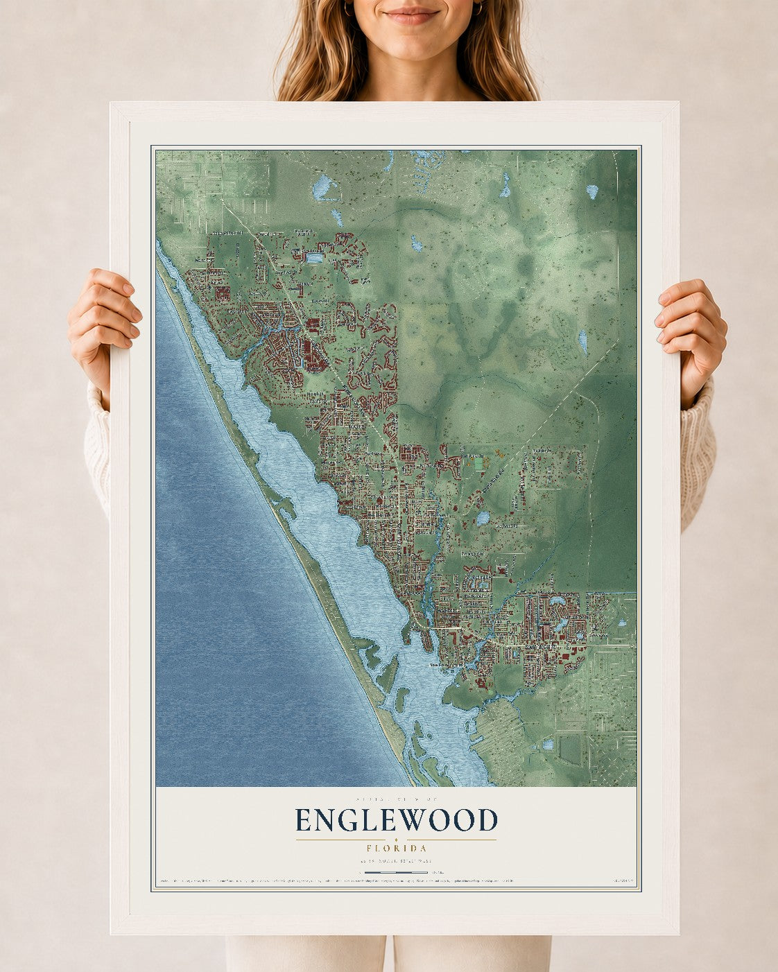 Englewood, Florida map print, 24" x 36" W/ White Ayous Wood Frame mockup
