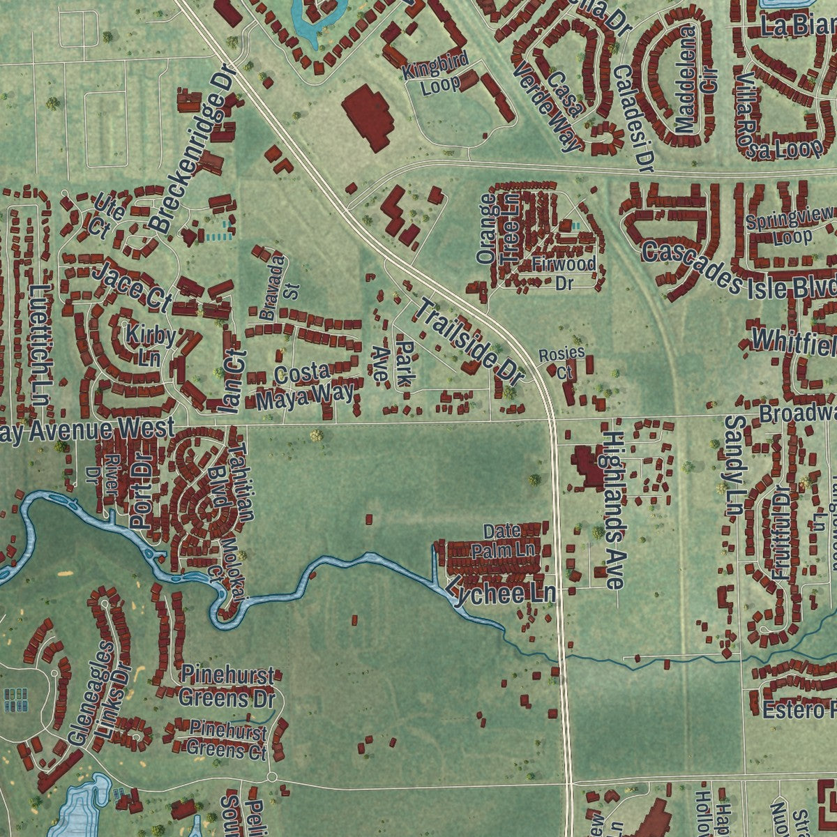 Close-up 2 of the Estero, Florida map artwork