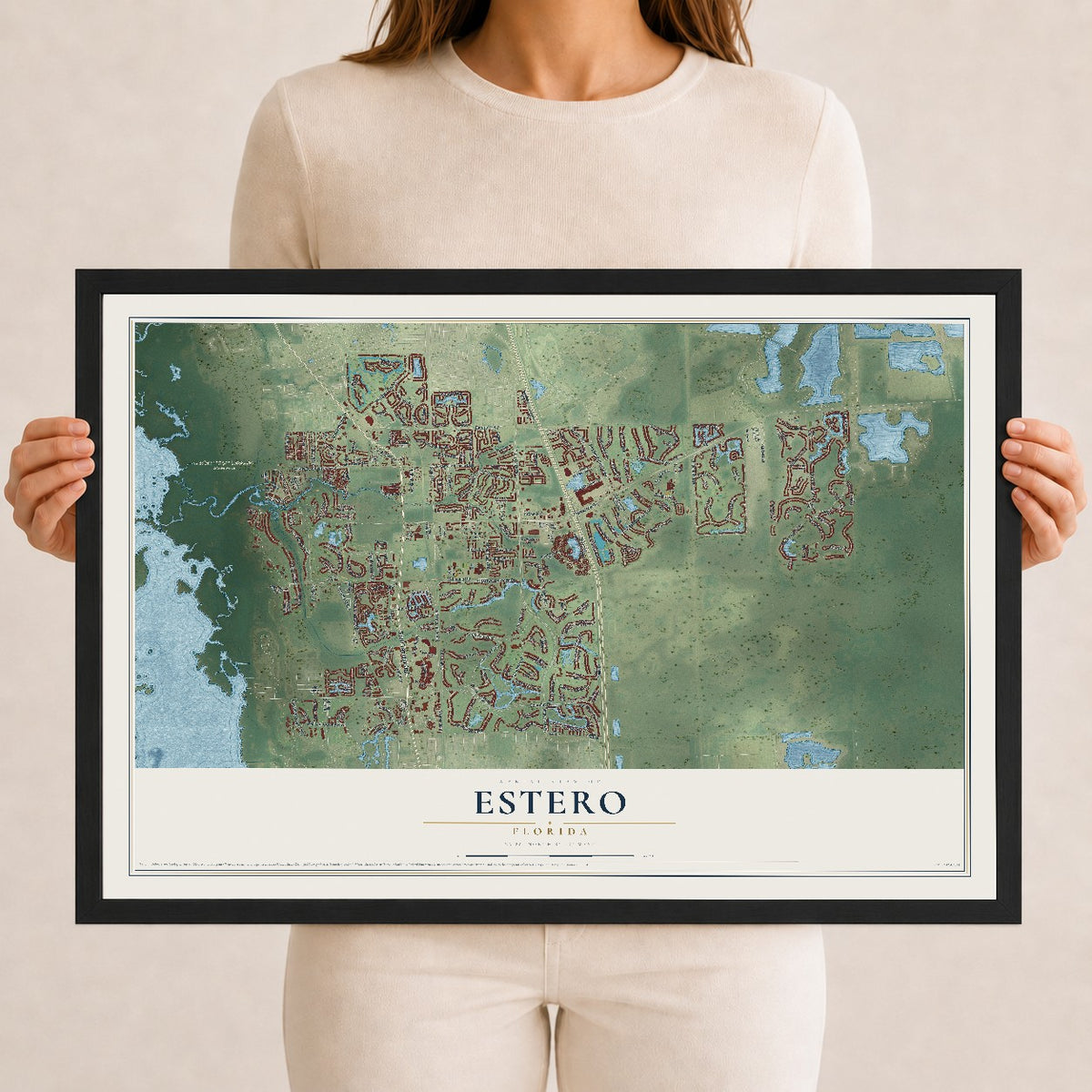 Estero, Florida map print, 12" x 18" W/ Black Ayous Wood Frame mockup