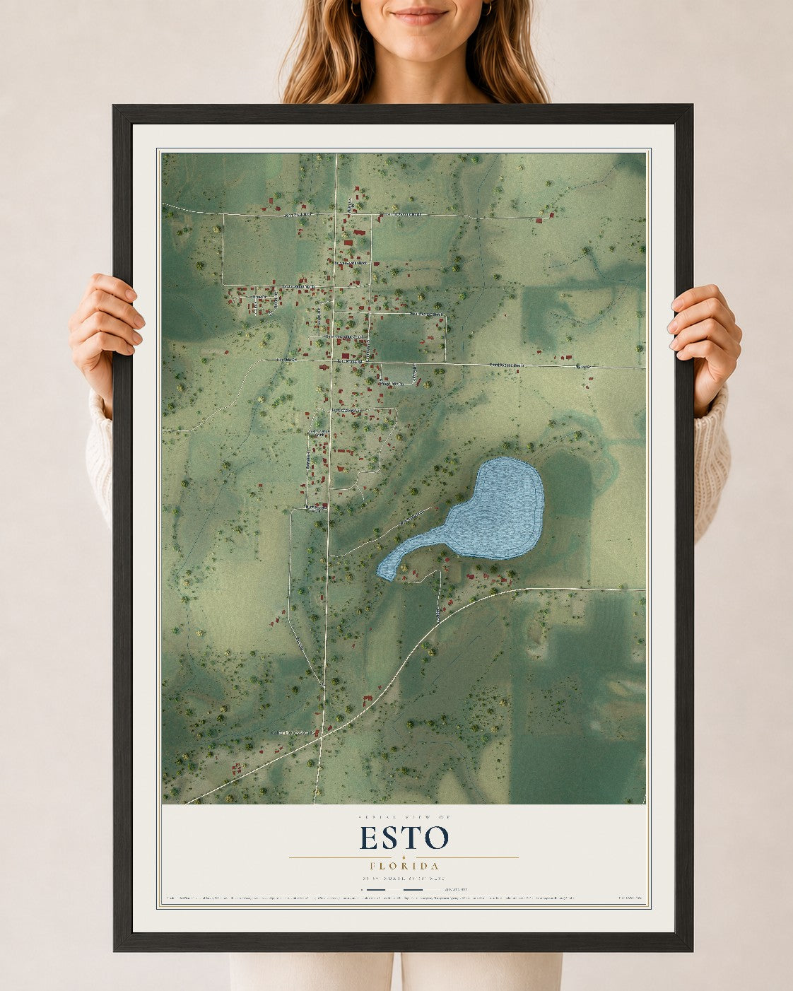 Esto, Florida map print, 24" x 36" W/ Black Ayous Wood Frame mockup