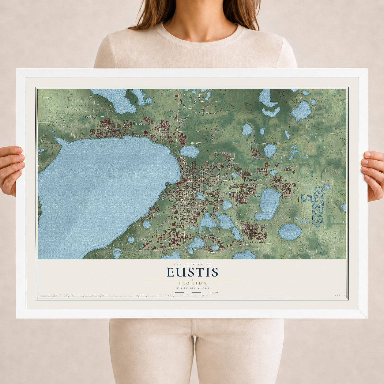 Eustis, Florida map print, 18" x 24" W/ White Ayous Wood Frame mockup