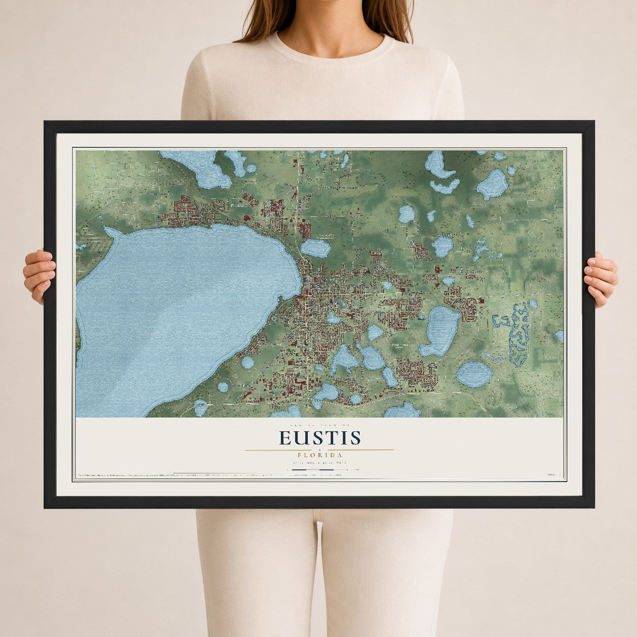 Eustis, Florida map print, 24" x 36" W/ Black Ayous Wood Frame mockup