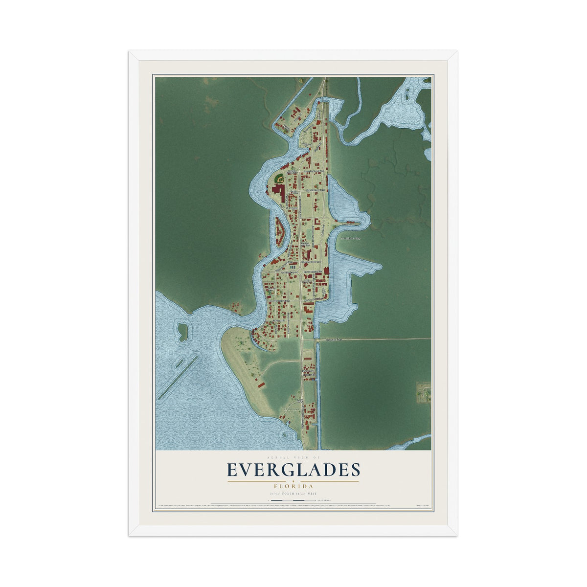 Everglades, Florida map print, 12" x 18" W/ White Ayous Wood Frame mockup