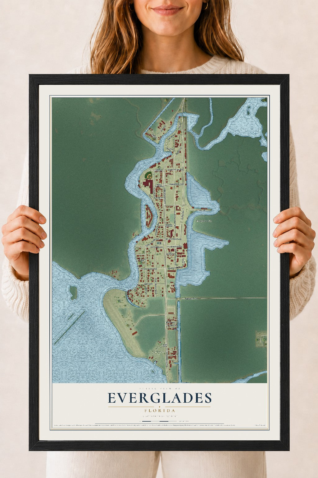Everglades, Florida map print, 18" x 24" W/ Black Ayous Wood Frame mockup