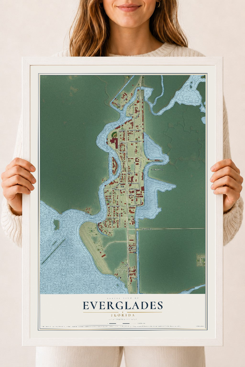 Everglades, Florida map print, 18" x 24" W/ White Ayous Wood Frame mockup