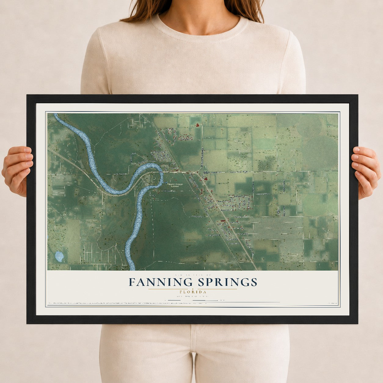 Fanning Springs, Florida map print, 12" x 18" W/ Black Ayous Wood Frame mockup