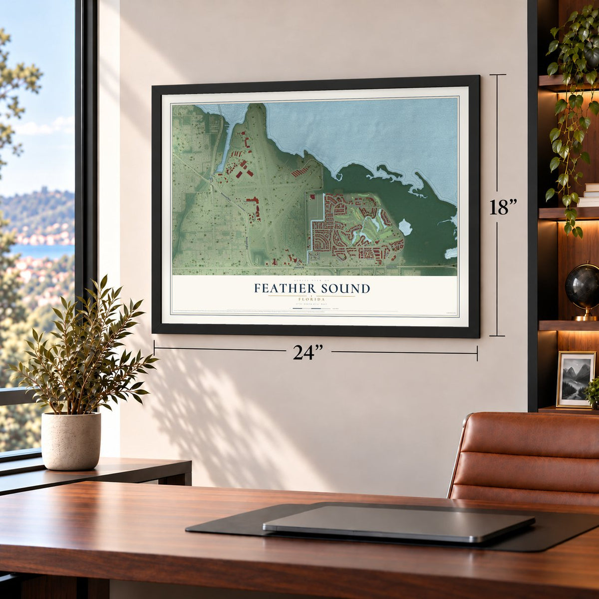Feather Sound, Florida map, 18 x 24 inch print in a black frame in a home office