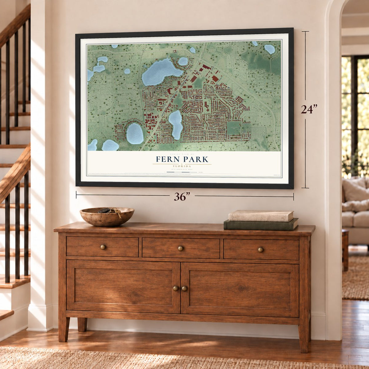 Fern Park, Florida map, 24 x 36 inch print in a black frame above a dresser by a staircase