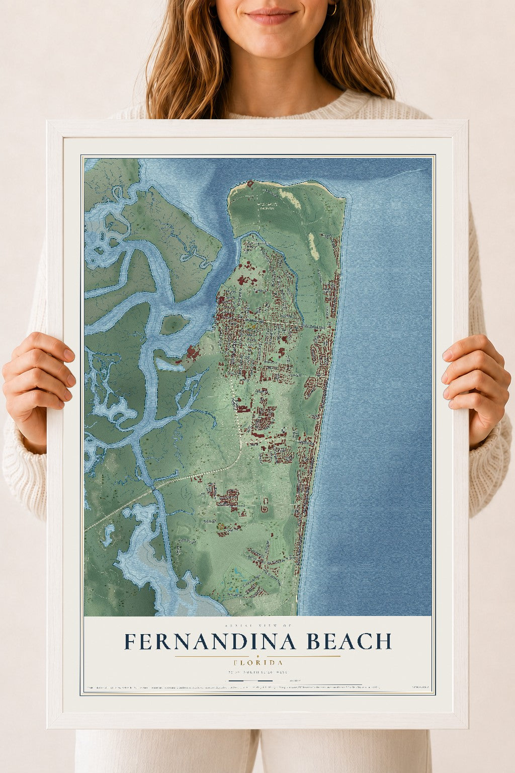 Fernandina Beach, Florida map print, 18" x 24" W/ White Ayous Wood Frame mockup