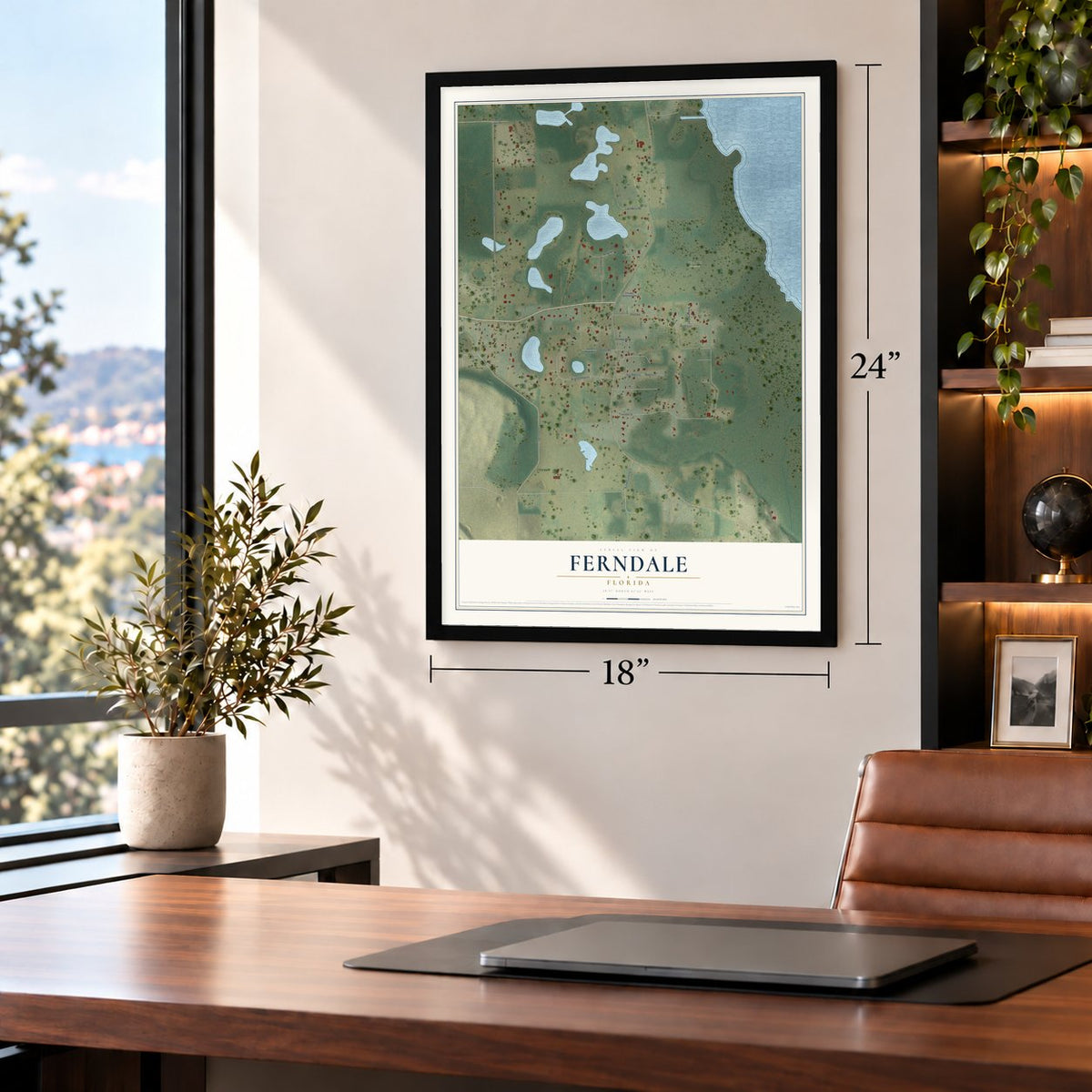 Ferndale, Florida map, 18 x 24 inch print in a black frame in a home office