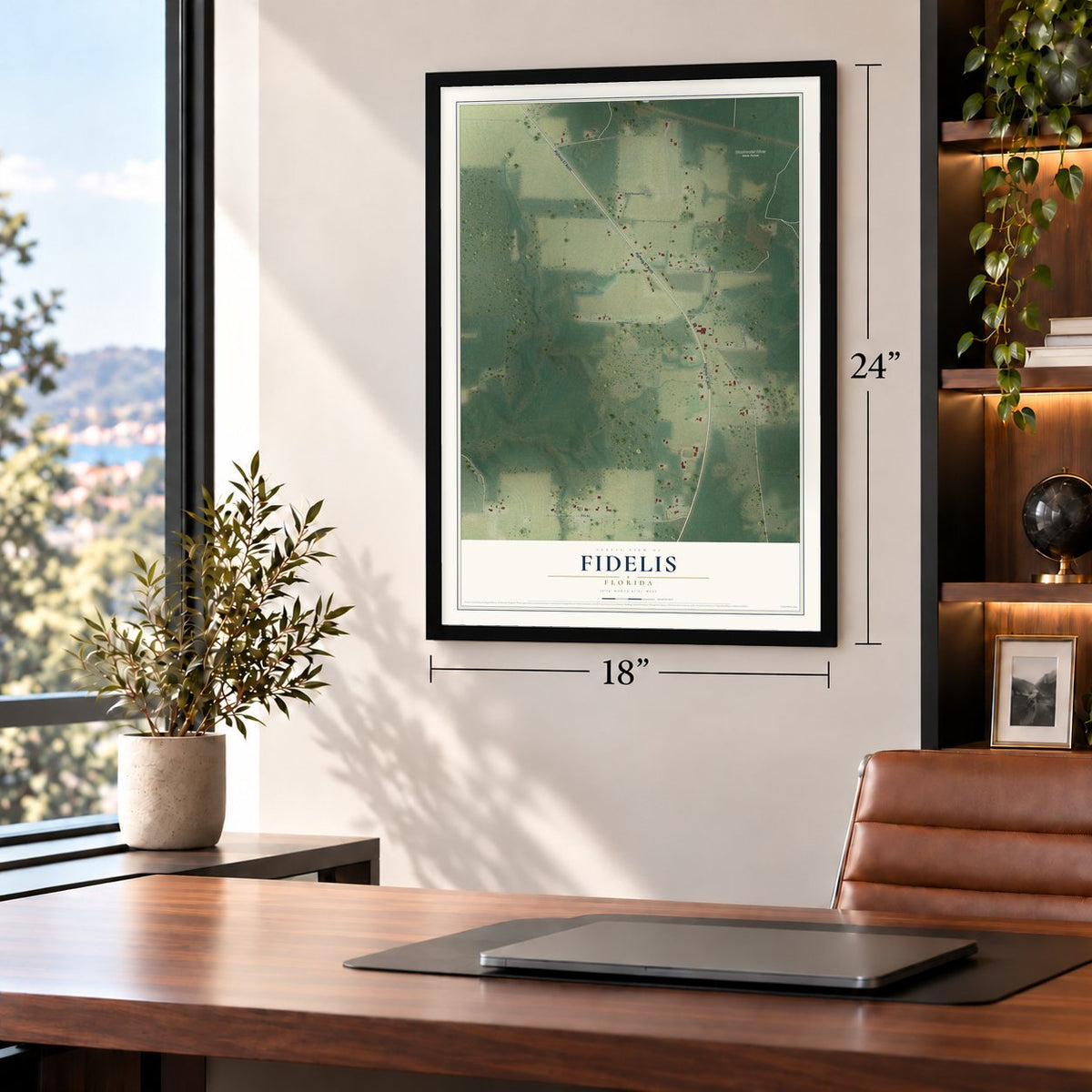 Fidelis, Florida map, 18 x 24 inch print in a black frame in a home office